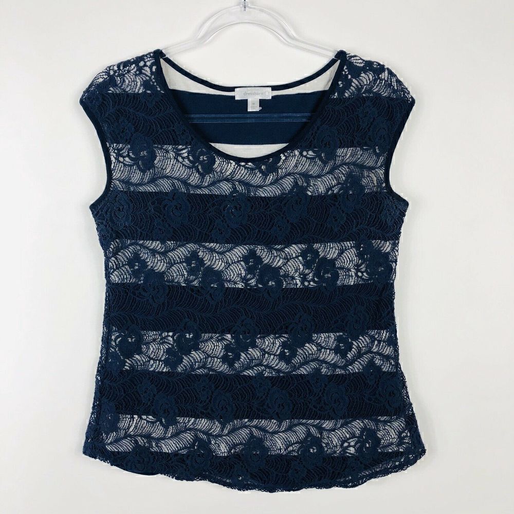 Dressbarn Blue Sleeveless Crochet Striped Top